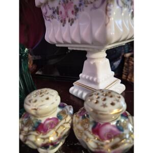 Vintage Nippon Handpainted Porcelin Salt And Pepper Shakers With Pink Rose...